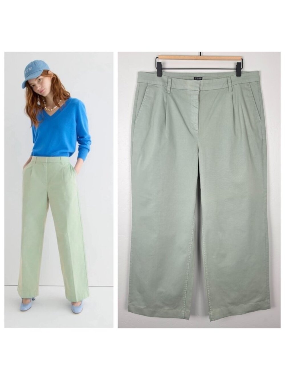 J. Crew Pleated Capeside Chino Pant Wide Leg Trousers Marbel Green Size 14